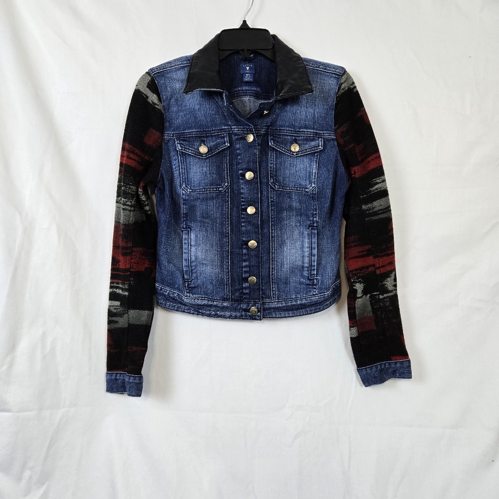 Guess Women The Brittney Southwestern Sleeve Black Leather Collar Denim Jacket M